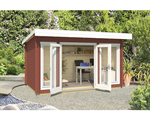 Abri de jardin Outdoor Life Dorset 1 avec plancher 430 x 320 cm rouge de Falun Maison de jardin en bois avec double porte et mobilier de bureau dans le jardin