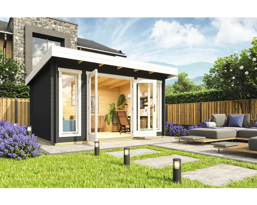 Abri de jardin Outdoor Life Dorset 2 avec plancher 430 x 370 cm gris carbone Abri de jardin avec portes battantes, terrasse et mobilier de jardin