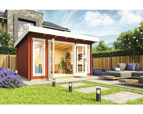 Abri de jardin Outdoor Life Dorset 2 avec plancher 430 x 370 cm rouge de Falun Scène de jardin avec abri de jardin en bois, terrasse et coin salon