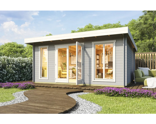 Abri de jardin Outdoor Life Dorset 3 avec plancher 540 x 460 cm gris clair Abri de jardin moderne avec de grandes fenêtres et plancher en bois dans le jardin