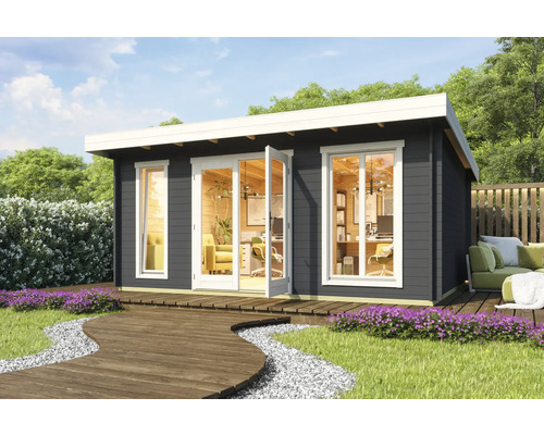 Abri de jardin Outdoor Life Dorset 3 avec plancher 540 x 460 cm gris carbone Abri de jardin avec porte double et fenêtres, plancher en bois et jardin