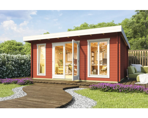 Abri de jardin Outdoor Life Dorset 3 avec plancher 540 x 460 cm rouge de Falun Maison de jardin moderne avec équipement de bureau dans le jardin