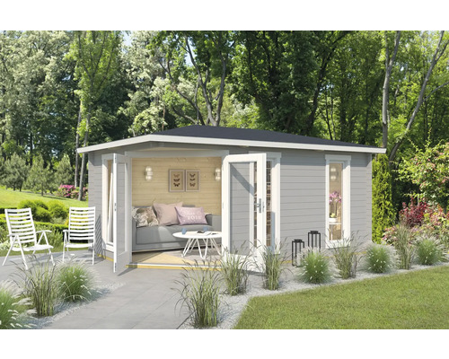 Abri de jardin Outdoor Life Edinburgh 2 avec plancher 490,3 x 322,3 cm gris clair Abri de jardin avec coin salon extérieur