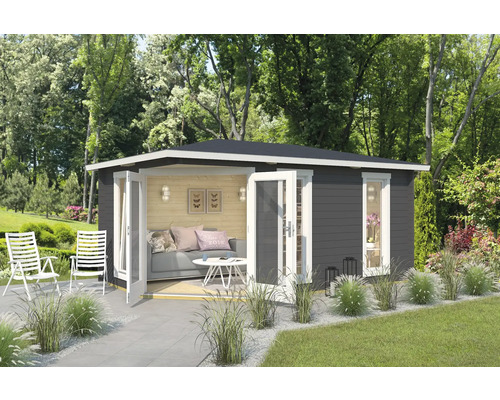 Abri de jardin Outdoor Life Edinburgh 2 avec plancher 490,3 x 322,3 cm gris carbone Maison de jardin avec coin salon dans le jardin