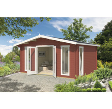 Gartenhaus aus Holz mit geöffneten Doppeltüren und Fenstern