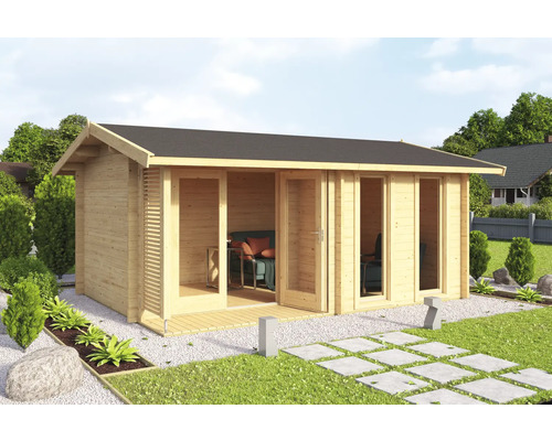 Abri de jardin Outdoor Life Hampshire avec plancher 480 x 376,1 cm naturel Abri de jardin en bois avec terrasse et grandes fenêtres