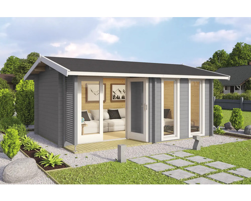 Abri de jardin Outdoor Life Hampshire avec plancher 480 x 376,1 cm gris clair Abri de jardin moderne avec façade en bois grise, toit noir et doubles portes vitrées