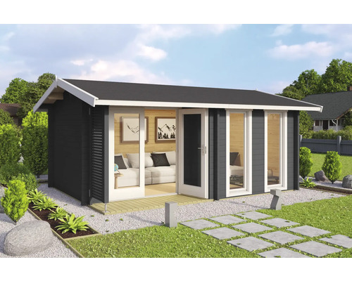 Gartenhaus Outdoor Life Hampshire inkl. Fußboden 480 x 376,1 cm carbongrau Holzgartenhaus mit Terrasse und Schiebetüren im Garten