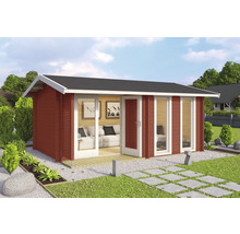 Abri de jardin en bois avec double porte et fenêtres dans le jardin