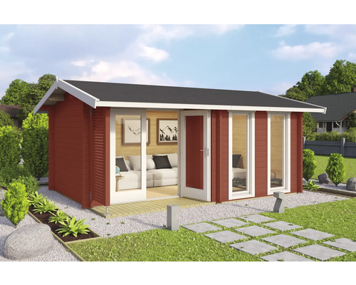 Abri de jardin Outdoor Life Hampshire avec plancher 480 x 376,1 cm rouge de Falun Abri de jardin en bois avec double porte et fenêtres dans le jardin