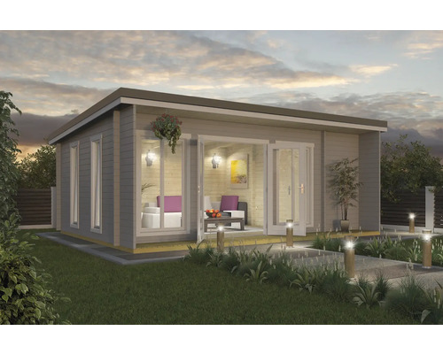 Gartenhaus Outdoor Life Japan inkl. Fußboden, Terrasse 648 x 470 cm lichtgrau Modernes Gartenhaus mit Fenstern und Doppeltür, umgeben von Rasen und Gartenbeleuchtung.