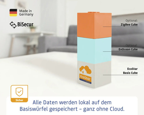 EcoStar Basis Cube avec ZigBee et EnOcean Cubes en option. Fabriqué en Allemagne. BiSecur. Stockage local des données.
