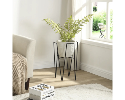 Vue d''une pièce avec une plante en pot sur un support métallique.