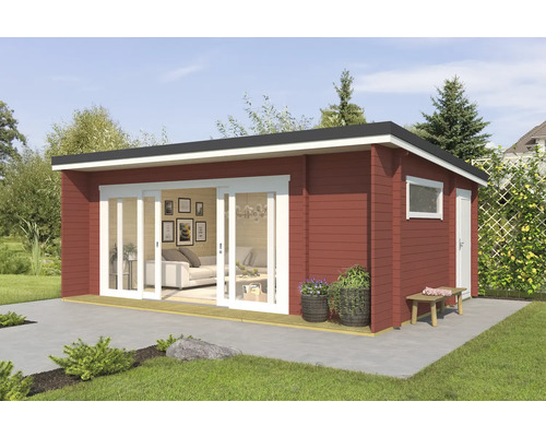 Abri de jardin Outdoor Life Java avec plancher 648 x 470 cm rouge de Falun Abri de jardin moderne en bois avec porte coulissante et fenêtre