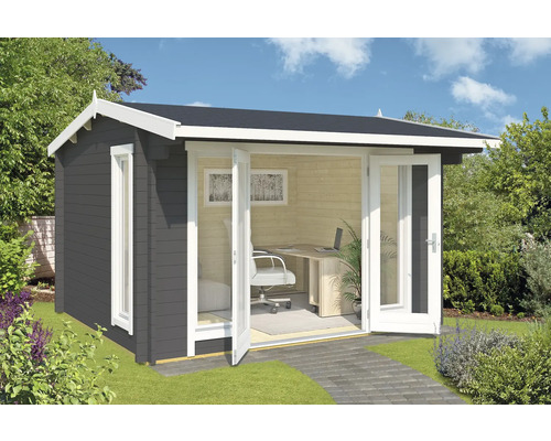 Abri de jardin Outdoor Life Jubilee avec plancher 370 x 320 cm gris carbone Abri de jardin avec portes doubles ouvertes, fenêtres et mobilier de bureau à l''intérieur