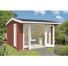 Gartenhaus mit geöffneten Doppeltüren, Fenster, Schreibtisch und Bürostuhl im Garten