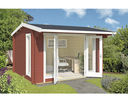 Abri de jardin Outdoor Life Jubilee avec plancher 370 x 320 cm rouge de Falun Abri de jardin avec portes doubles ouvertes, fenêtre, bureau et chaise de bureau dans le jardin