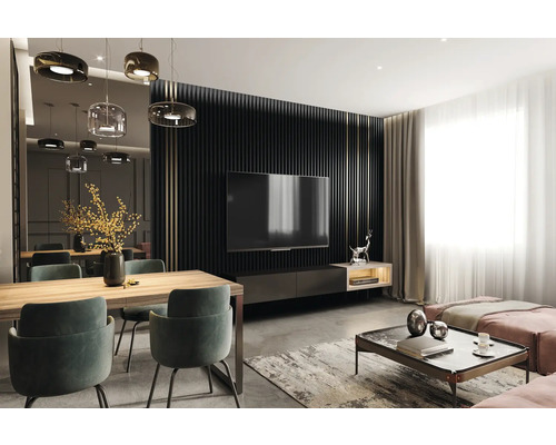 Wohnraum mit Esstisch, Stühlen, Fernseher und Sofa