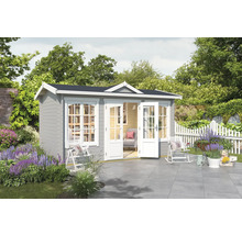 Gartenhaus aus Holz mit Doppeltür und Fenstern im Garten