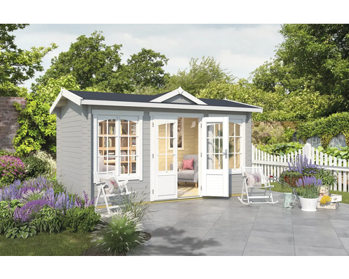 Gartenhaus Outdoor Life Kensington inkl. Fußboden 440 x 292,1 cm lichtgrau Gartenhaus aus Holz mit Doppeltür und Fenstern im Garten