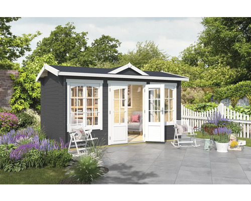 Gartenhaus Outdoor Life Kensington inkl. Fußboden 440 x 292,1 cm carbongrau Gartenhaus mit Doppeltür und Fenster in einem gestalteten Garten.