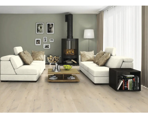 Wohnzimmer mit Kaminofen, Sofas und Holzboden