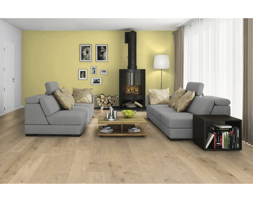 Salon lumineux avec canapés gris, cheminée et plancher en bois