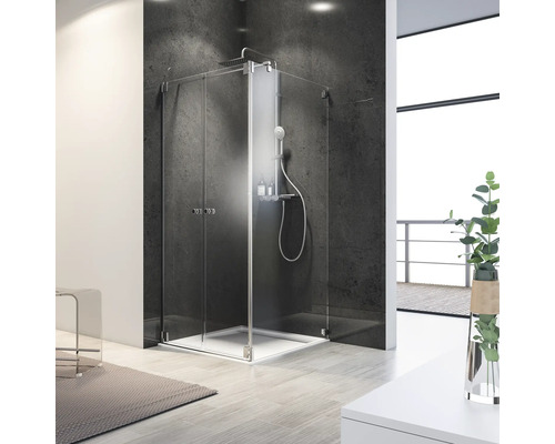 Porte de douche avec paroi latérale SCHULTE Davita 90 x 90 cm couleur du profilé - décor de vitre verre transparent avec verre antitache butée de porte à gauche butée de paroi latérale à droite poignée tampon Cabine de douche d''angle moderne avec parois en verre et receveur de douche dans une salle de bain lumineuse.