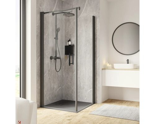 Porte de douche avec paroi latérale SCHULTE Garant 2.0 90 x 90 cm couleur du profilé noir décor de vitre verre transparent butée de porte à gauche butée de paroi latérale à droite poignée barre