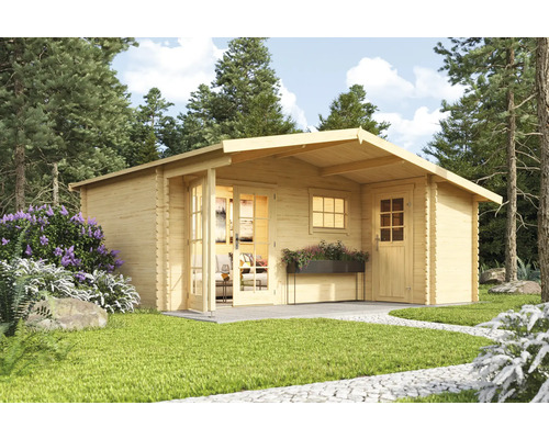 Abri de jardin Outdoor Life Little Rock avec plancher 558,7 x 480 cm naturel Jardin avec cabane de jardin en bois avec porte double et fenêtres