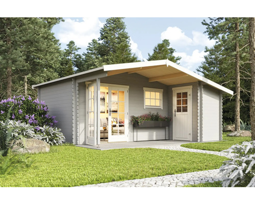 Gartenhaus Outdoor Life Little Rock inkl. Fußboden 558,7 x 480 cm lichtgrau Gartenhaus aus Holz mit Doppeltür, Fenster und Vordach im Garten