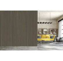 Vue d''une pièce avec des panneaux muraux et des meubles de salon