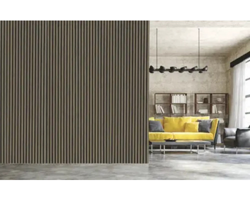 Vue d''une pièce avec des panneaux muraux et des meubles de salon