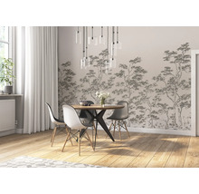 Salle à manger avec table, chaises et papier peint forêt