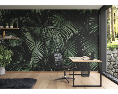 Bureau avec papier peint photo à motif de palmier, bureau et chaise de bureau