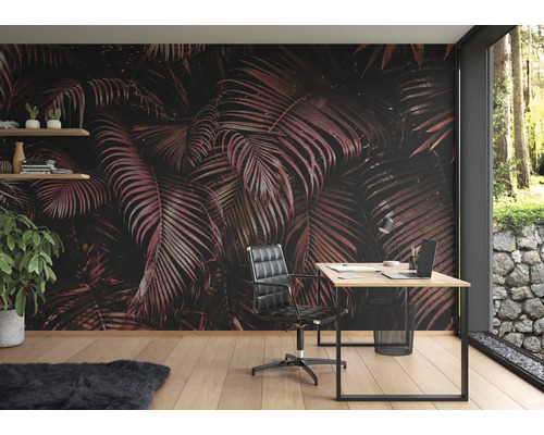 Bureau avec papier peint photo à motif de plantes, bureau et chaise de bureau