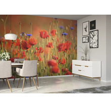 Esszimmer mit Mohnblumen Tapete und weisser Kommode