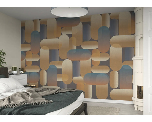 Chambre à coucher avec lit et papier peint à motif géométrique