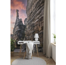 Scène avec un bureau devant un papier peint photo avec des formations rocheuses.