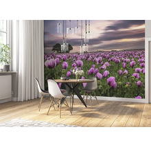 Wohnraum mit Mohnblumenfeld-Tapete, Esstisch und Stühlen