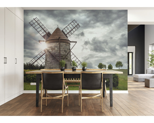 Wohnraum mit Fototapete, die eine Windmühle unter bewölktem Himmel zeigt