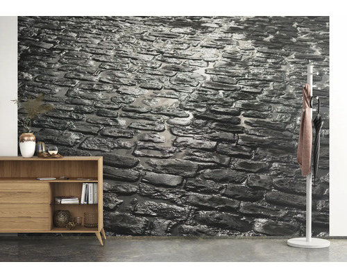 Image murale avec motif de pierre dans un salon avec buffet et porte-manteau.