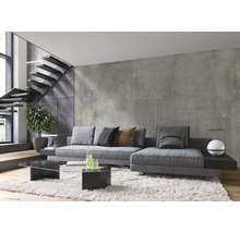 Heller Wohnraum mit grauer Couch, gläsernem Couchtisch und freitragender Treppe