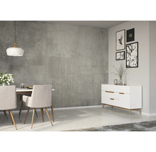 Modernes Esszimmer mit Esstisch, Stühlen, Sideboard und Wandfliesen in Betonoptik.