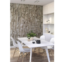 Salle à manger avec papier peint photo écorce d''arbre, table à manger et chaises