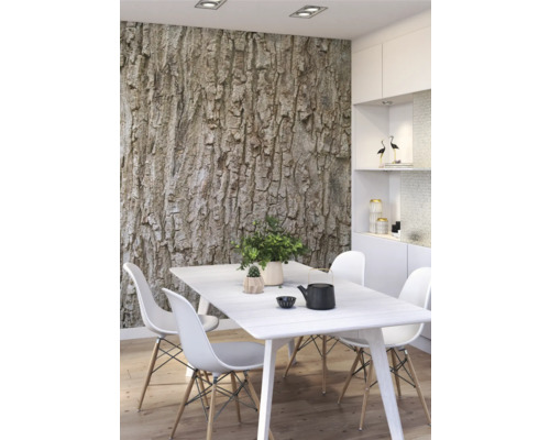 Salle à manger avec papier peint photo écorce d''arbre, table à manger et chaises