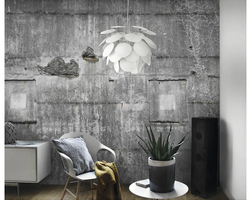 Salon lumineux avec mur en béton, chaise, commode, plante d''intérieur, haut-parleur et suspension ronde