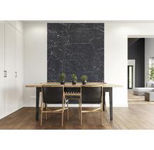 Esszimmer mit Esstisch, Stühlen und Wandpaneel in Marmoroptik