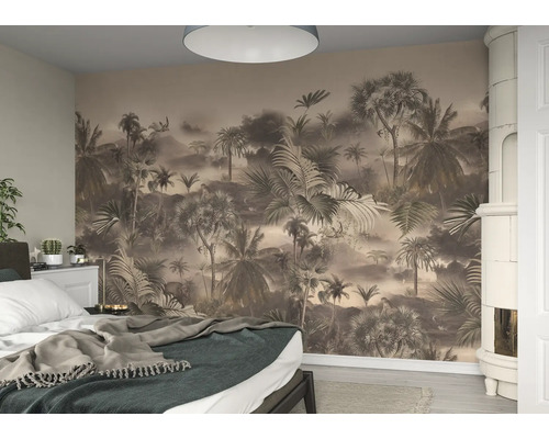 Schlafzimmer mit Fototapete mit Dschungelmotiv