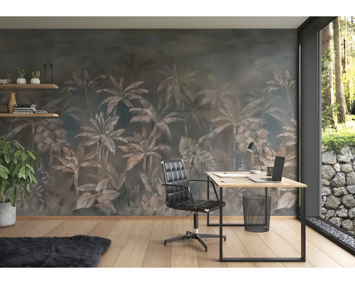 Bureau avec bureau, chaise de bureau et papier peint photo avec motif de palmiers